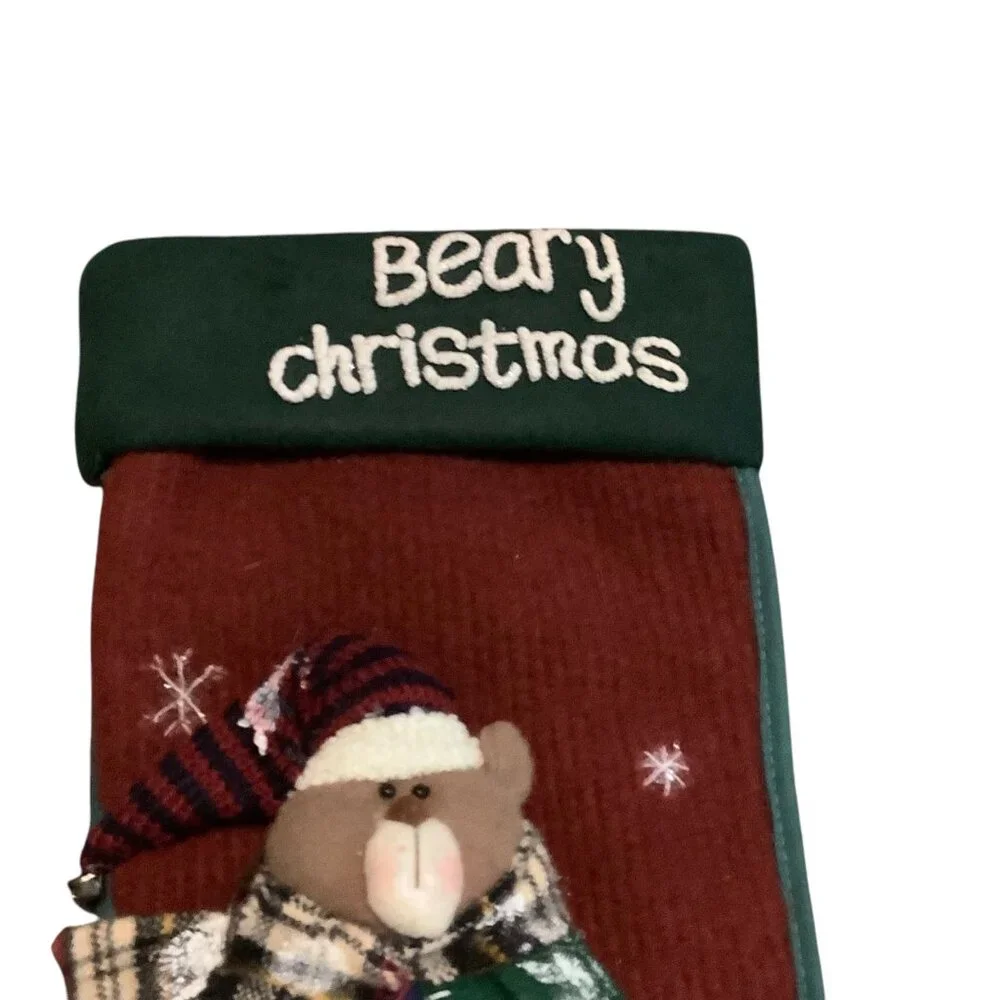 Vtg Beary Christmas Stocking 3D Bear‎ Plush Applique 18” Santas Best Red Green